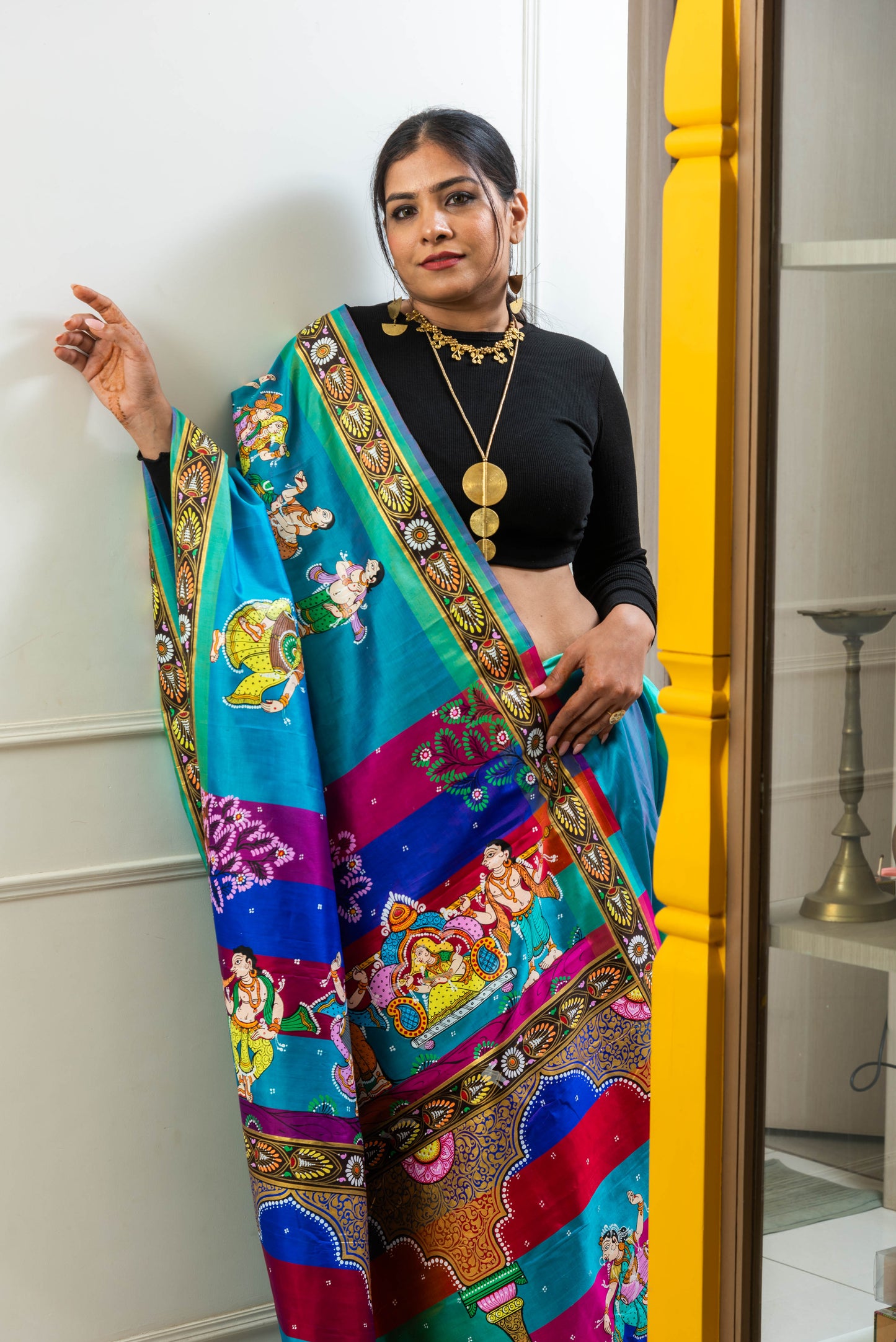 Pure Mulberry Silk Patachitra Bridal Celebration Saree - Blue & Multicolor