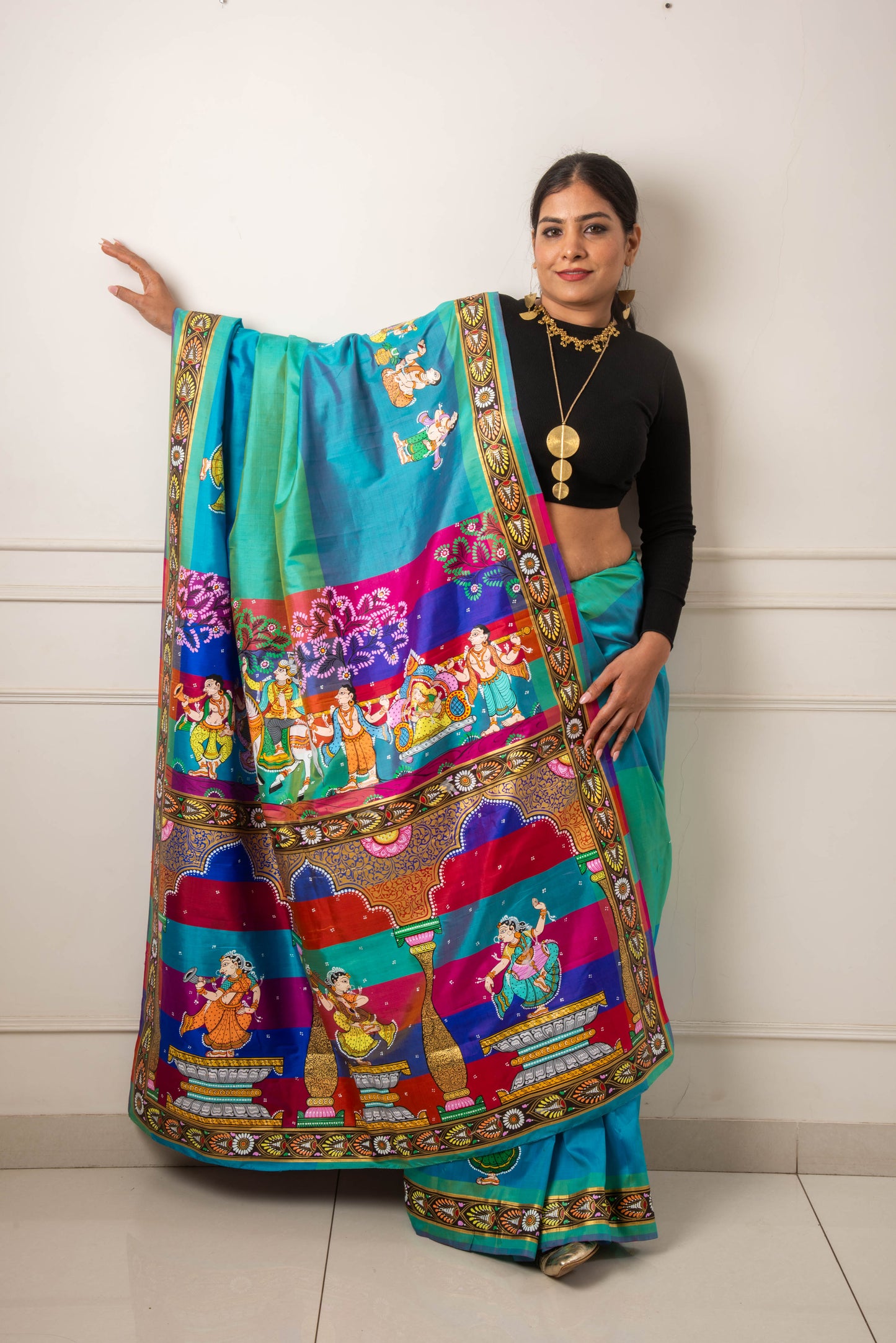 Pure Mulberry Silk Patachitra Bridal Celebration Saree - Blue & Multicolor