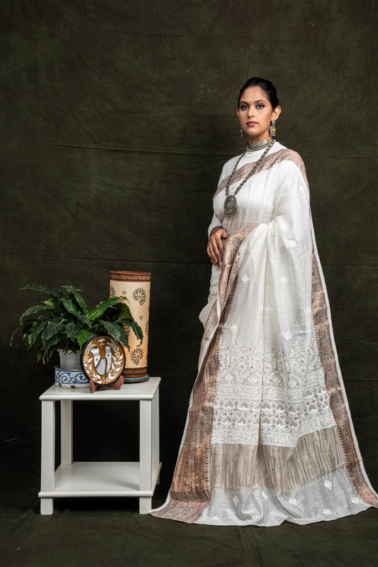 Copper White Chanderi Cotton Silk Hand Embroidered Saree - Mukaish.