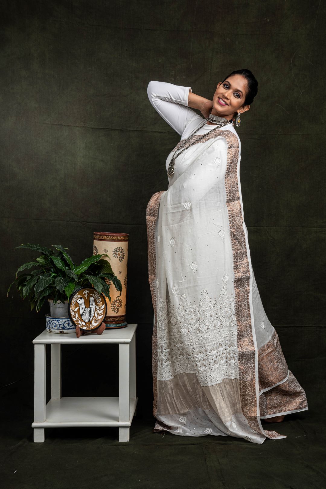 Copper White Chanderi Cotton Silk Hand Embroidered Saree - Mukaish.