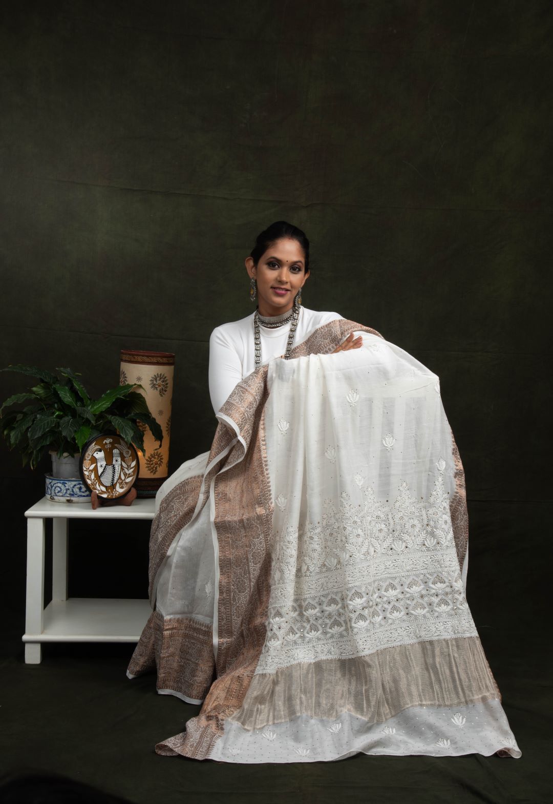 Copper White Chanderi Cotton Silk Hand Embroidered Saree - Mukaish.