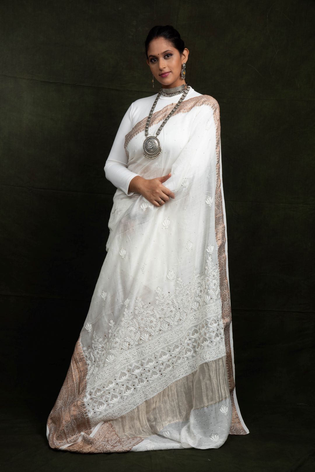 Copper White Chanderi Cotton Silk Hand Embroidered Saree - Mukaish.