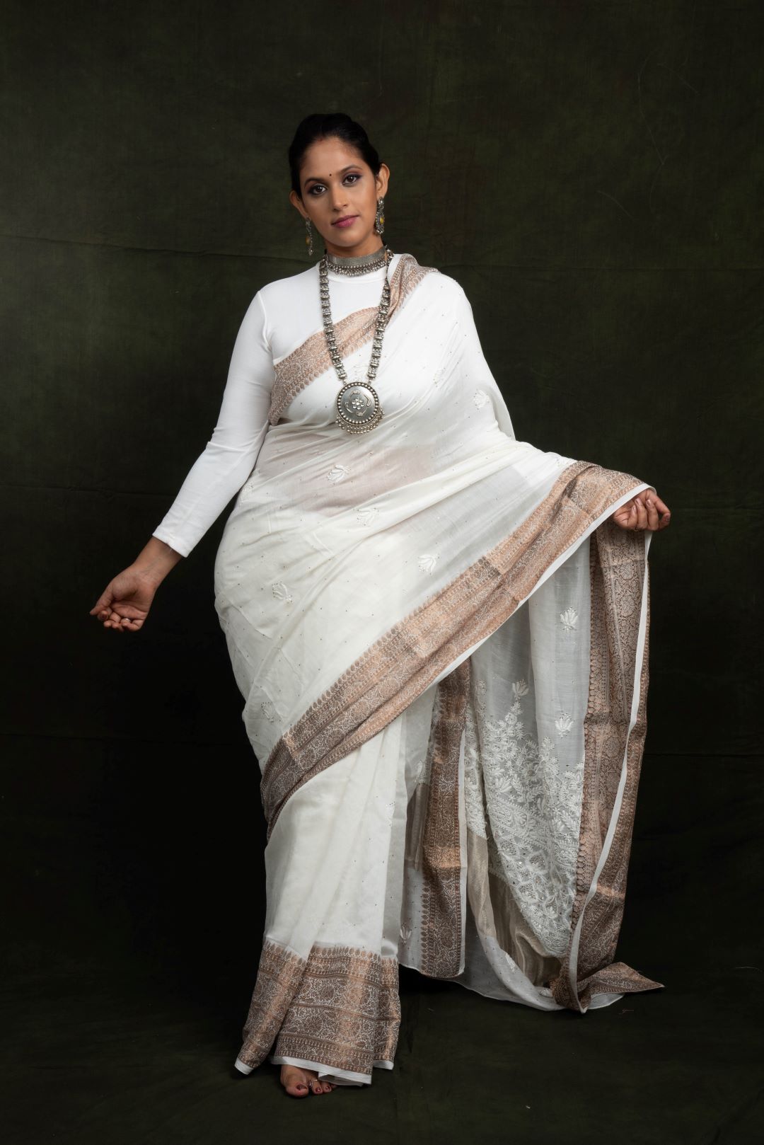 Copper White Chanderi Cotton Silk Hand Embroidered Saree - Mukaish.