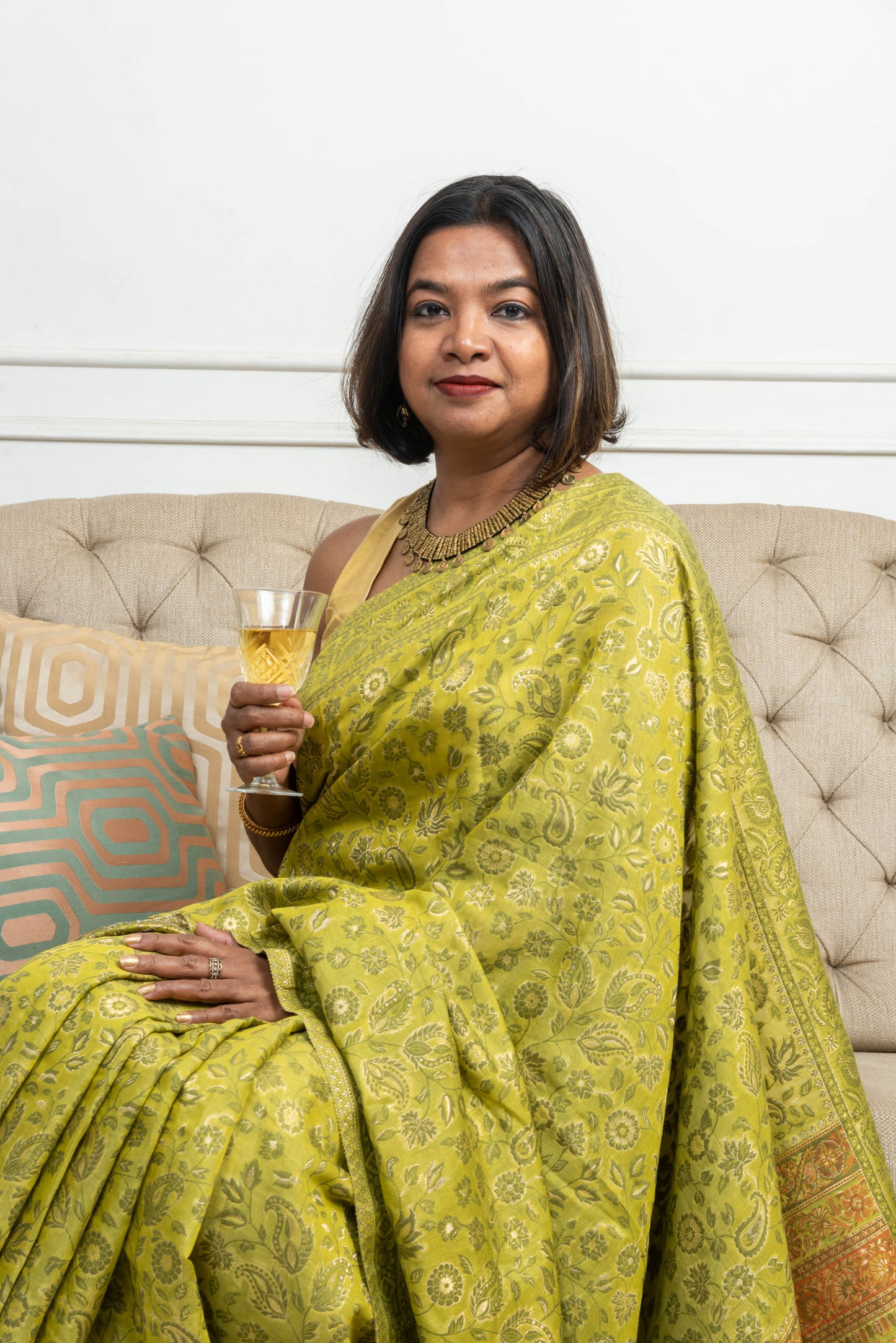 Handwoven Kani weave cotton silk saree - Mehendi Green