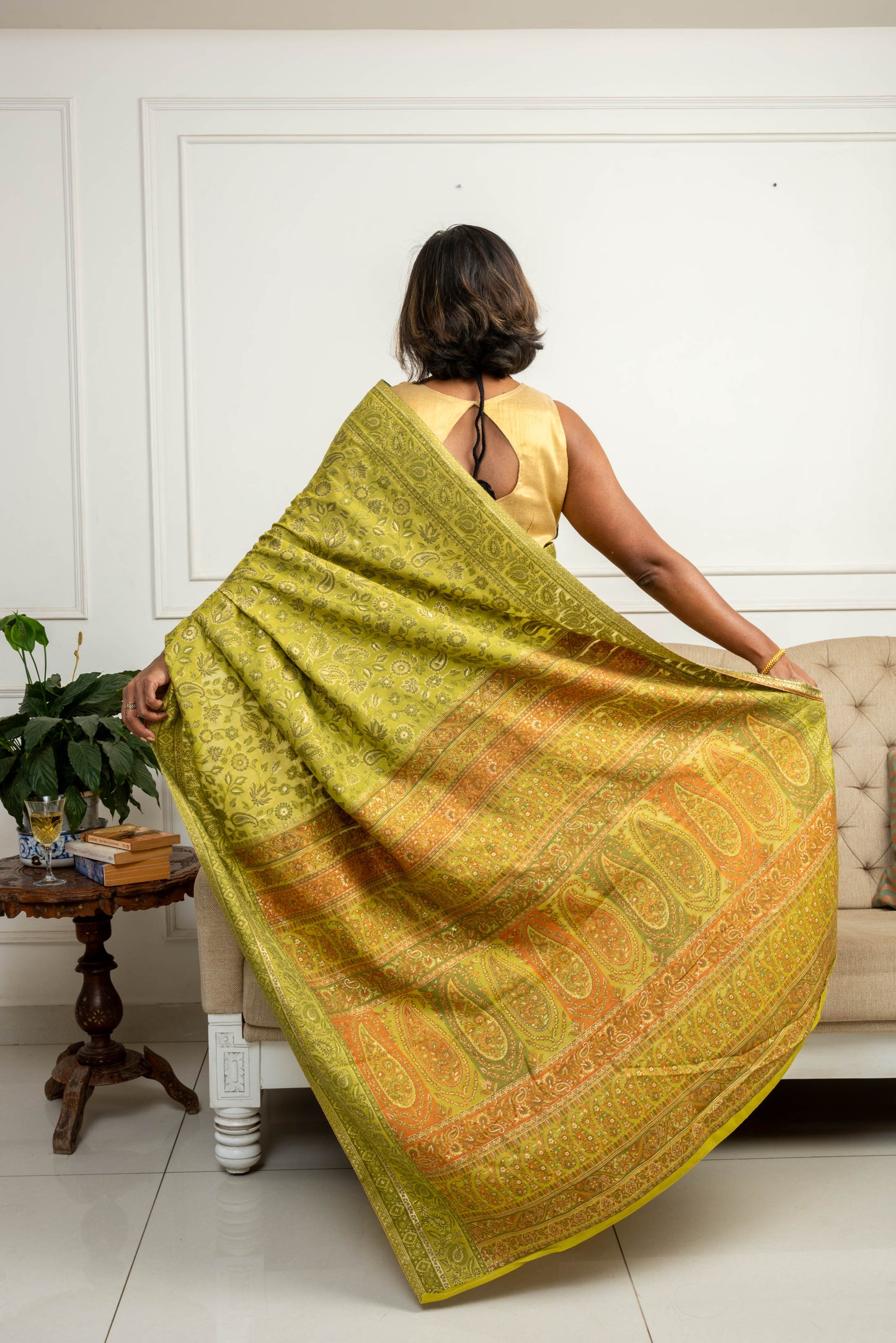 Handwoven Kani weave cotton silk saree - Mehendi Green