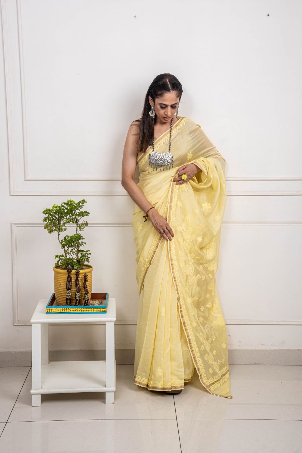 Chanderi Cotton Yellow Hand Embroidered Saree - Flower