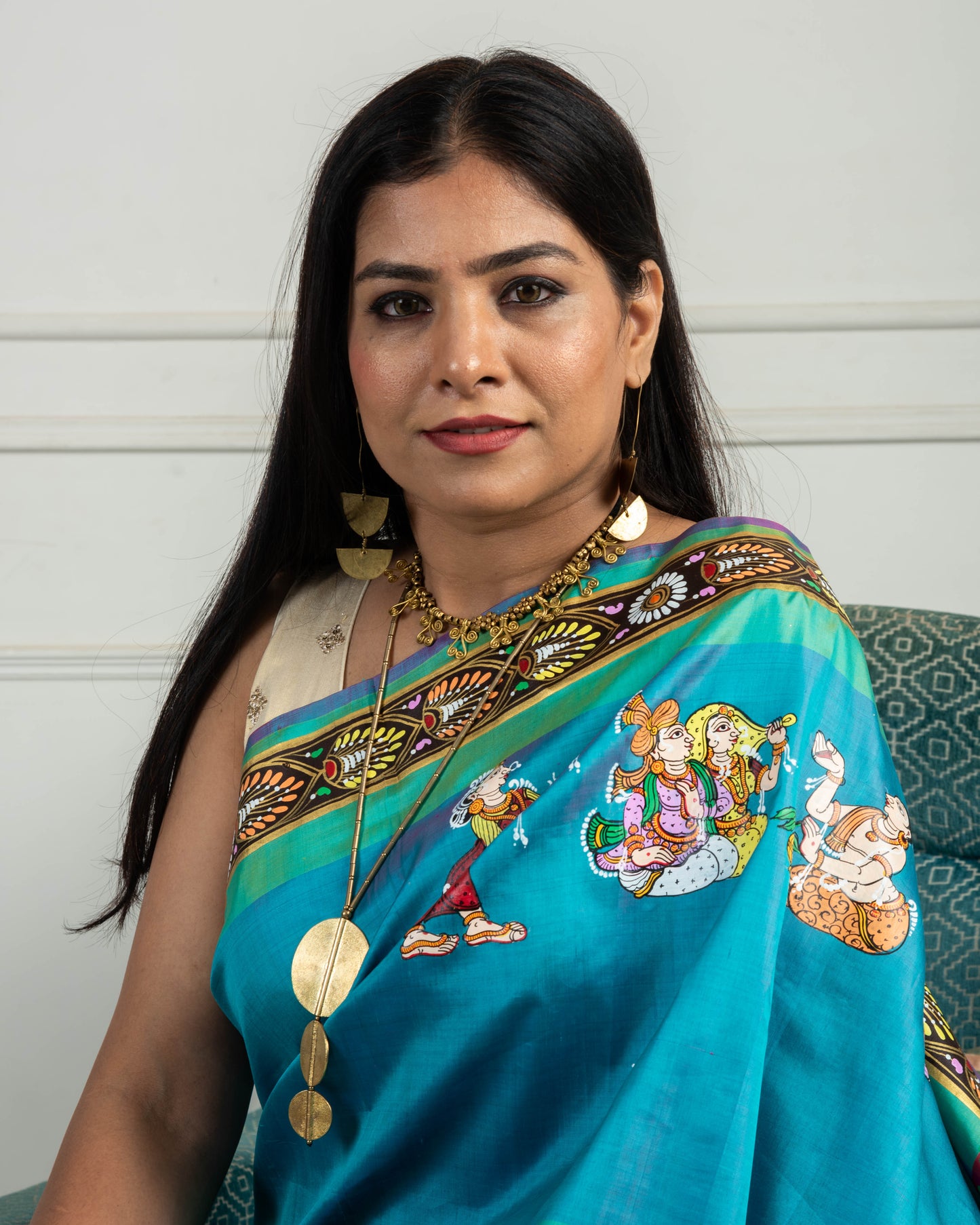 Pure Mulberry Silk Patachitra Bridal Celebration Saree - Blue & Multicolor