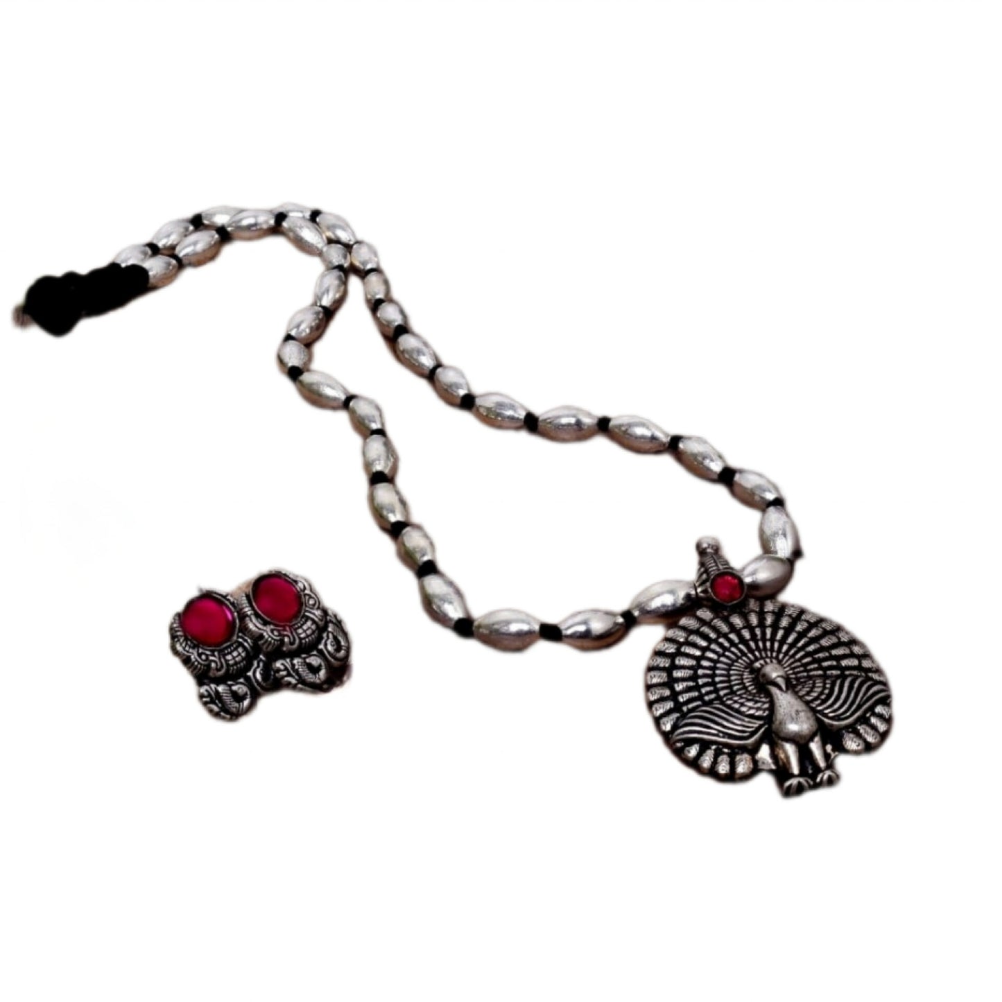Advaita Handicrafts German Silver Oxidised Peacock Pendant with Silver Beads and Earrings