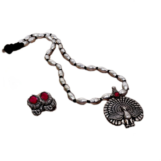 Advaita Handicrafts German Silver Oxidised Peacock Pendant with Silver Beads and Earrings