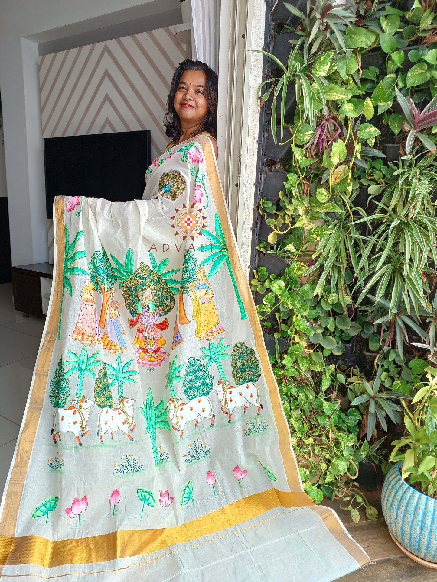 Hand-painted Pichwai Shrinathji Kerala Cotton Designer Saree