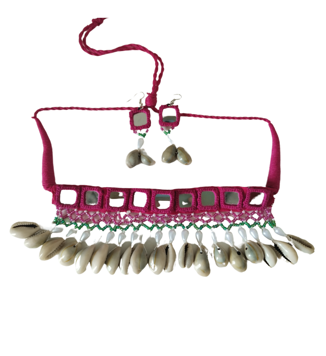 Advaita Handicrafts-Pink Fabric Choker Navratri Necklace Set with Mirror & Shell Accents.