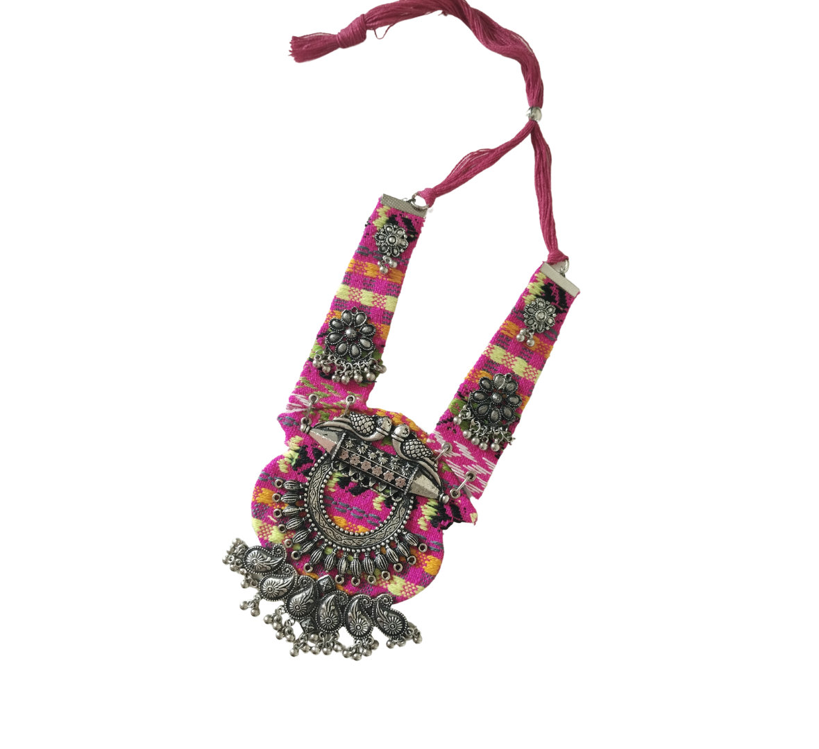 Advaita Handicrafts-Pink Fabric Long Necklace with Oxidized Work – Elegant Statement Jewelry