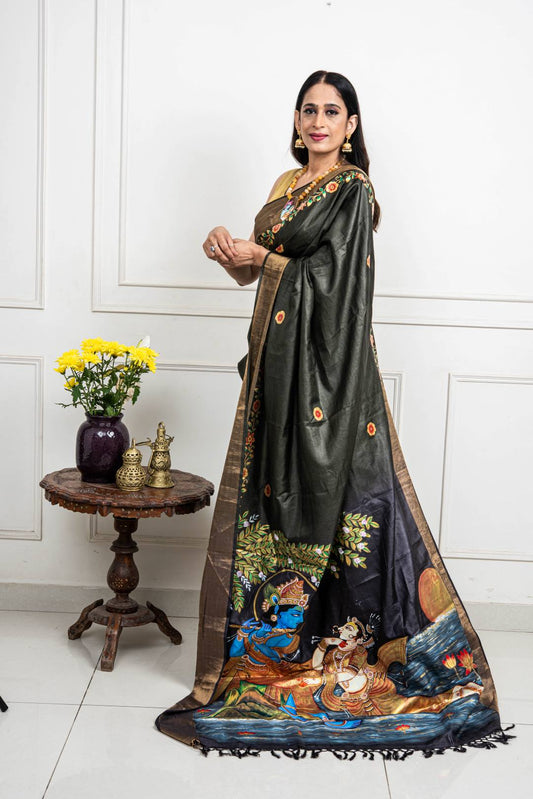 Hand-painted Radha Krishna in moonlight Patachitra saree - Bottle green/ Yellow Purple