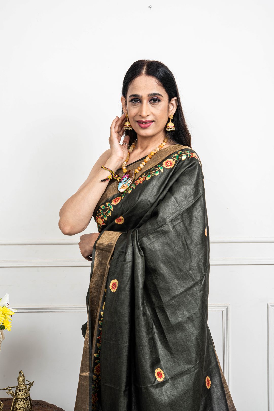 Hand-painted Radha Krishna in moonlight Patachitra saree - Bottle green.