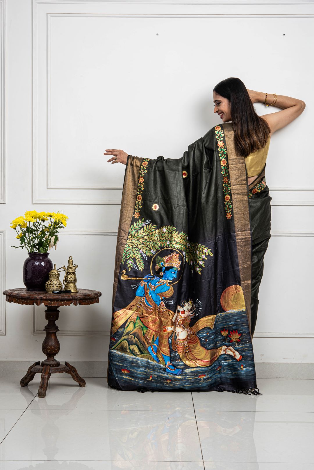 Hand-painted Radha Krishna in moonlight Patachitra saree - Bottle green.
