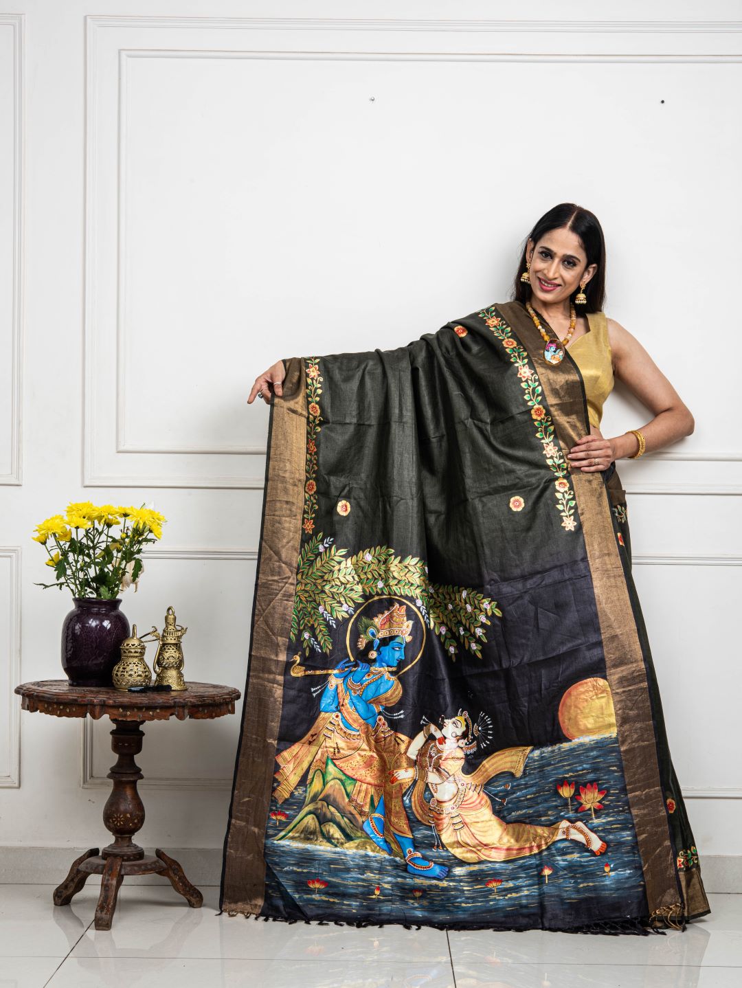 Hand-painted Radha Krishna in moonlight Patachitra saree - Bottle green.