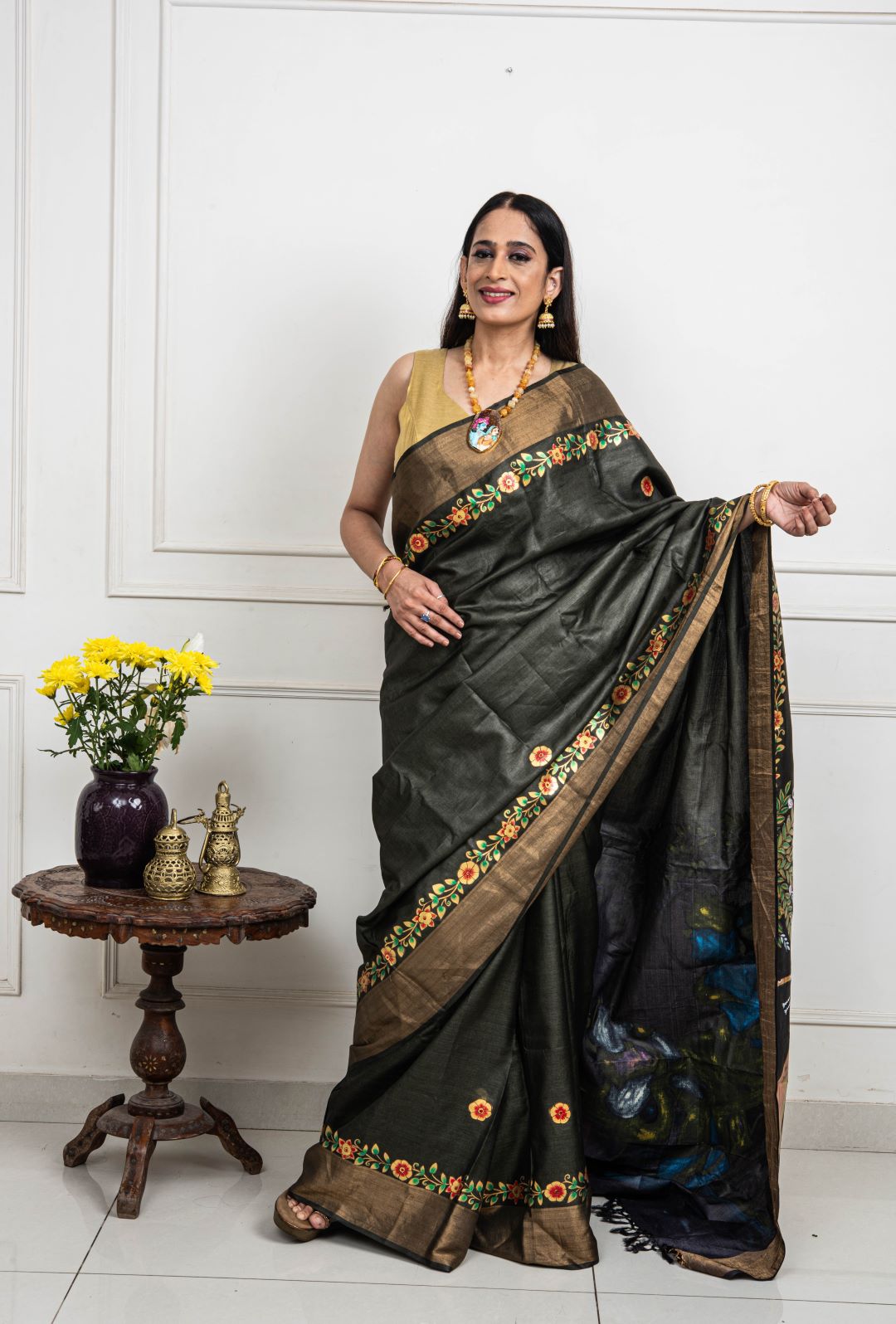 Hand-painted Radha Krishna in moonlight Patachitra saree - Bottle green.
