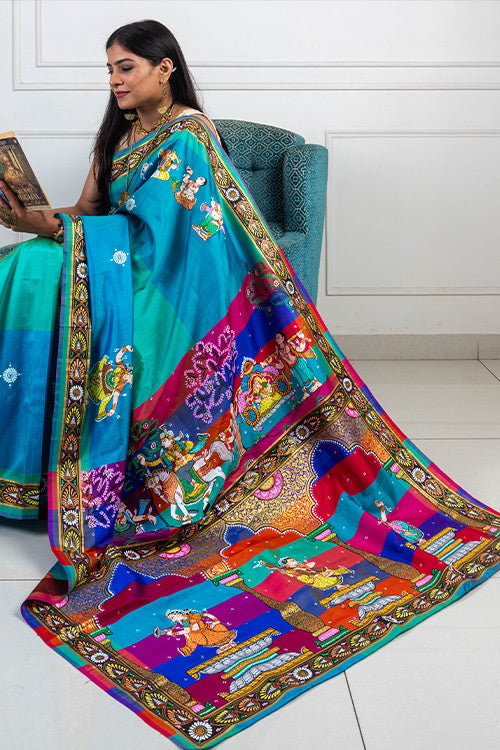 Pure Mulberry Silk Patachitra Bridal Celebration Saree - Blue & Multicolor