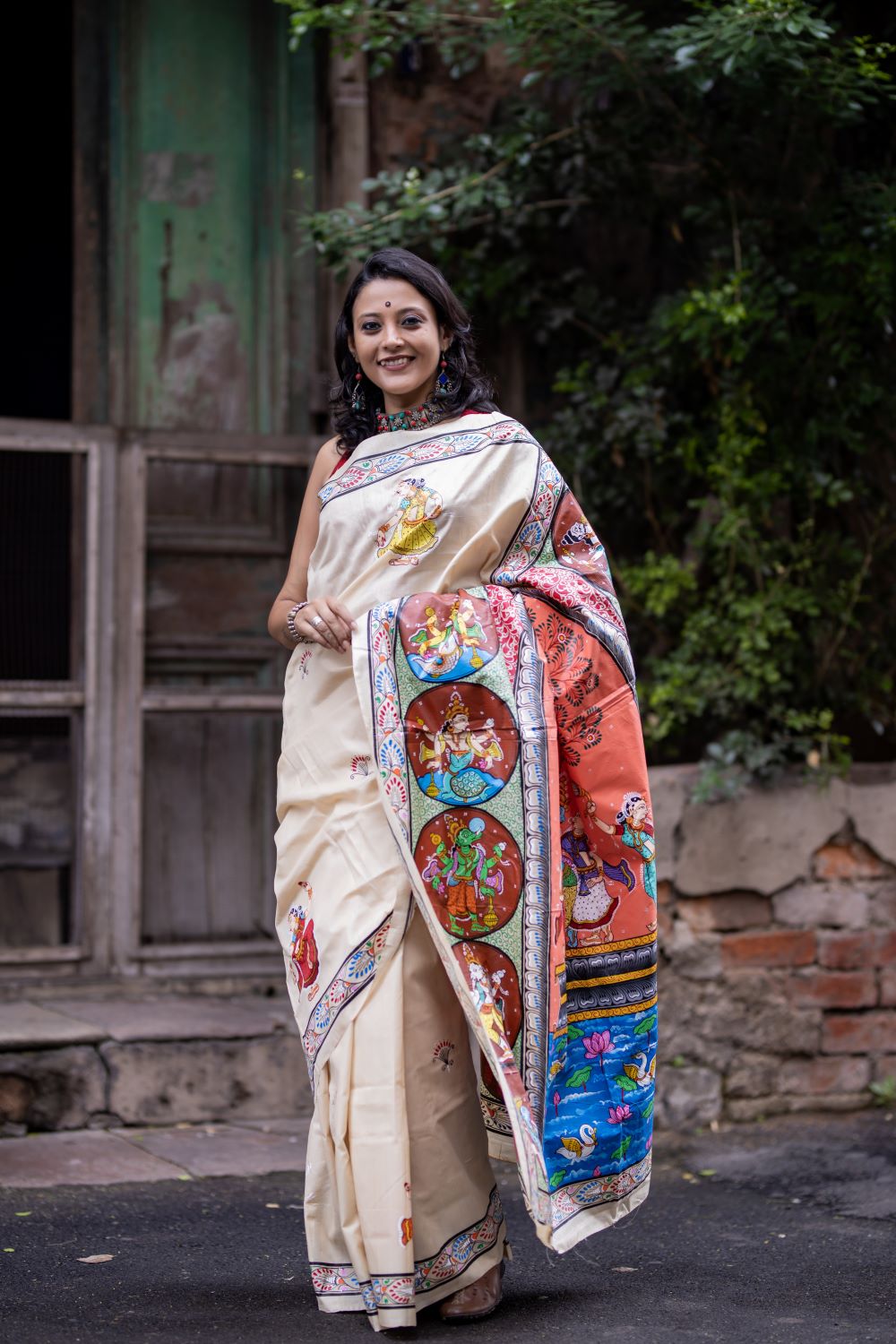 Hand painted Designer Patachitra saree - Vishnu Dashavtaar in desi tassar silk