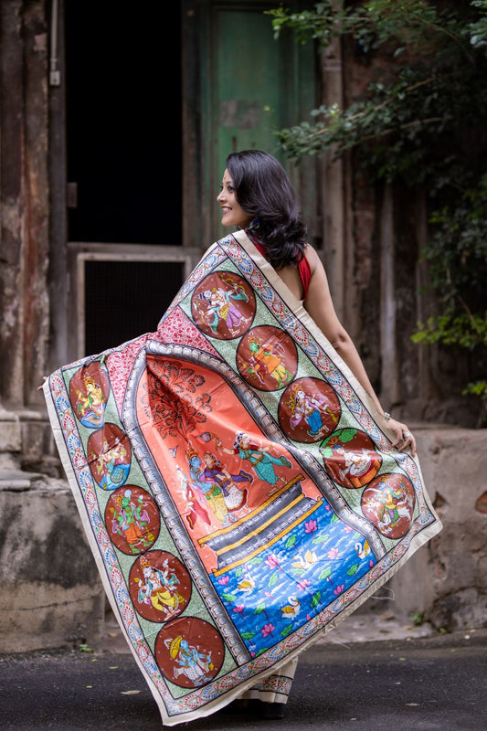 Hand painted Designer Patachitra saree - Vishnu Dashavtaar in desi tassar silk