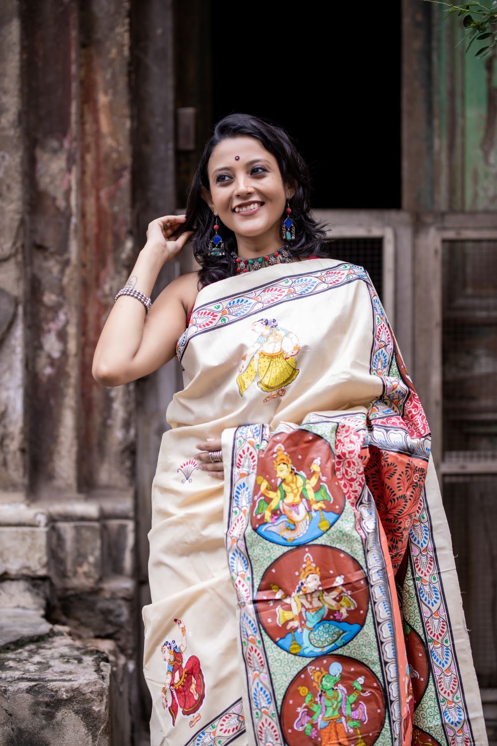 Hand painted Designer Patachitra saree - Vishnu Dashavtaar in desi tassar silk