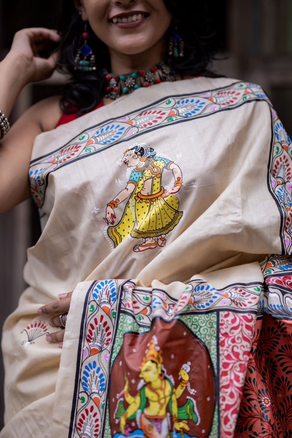 Hand painted Designer Patachitra saree - Vishnu Dashavtaar in desi tassar silk