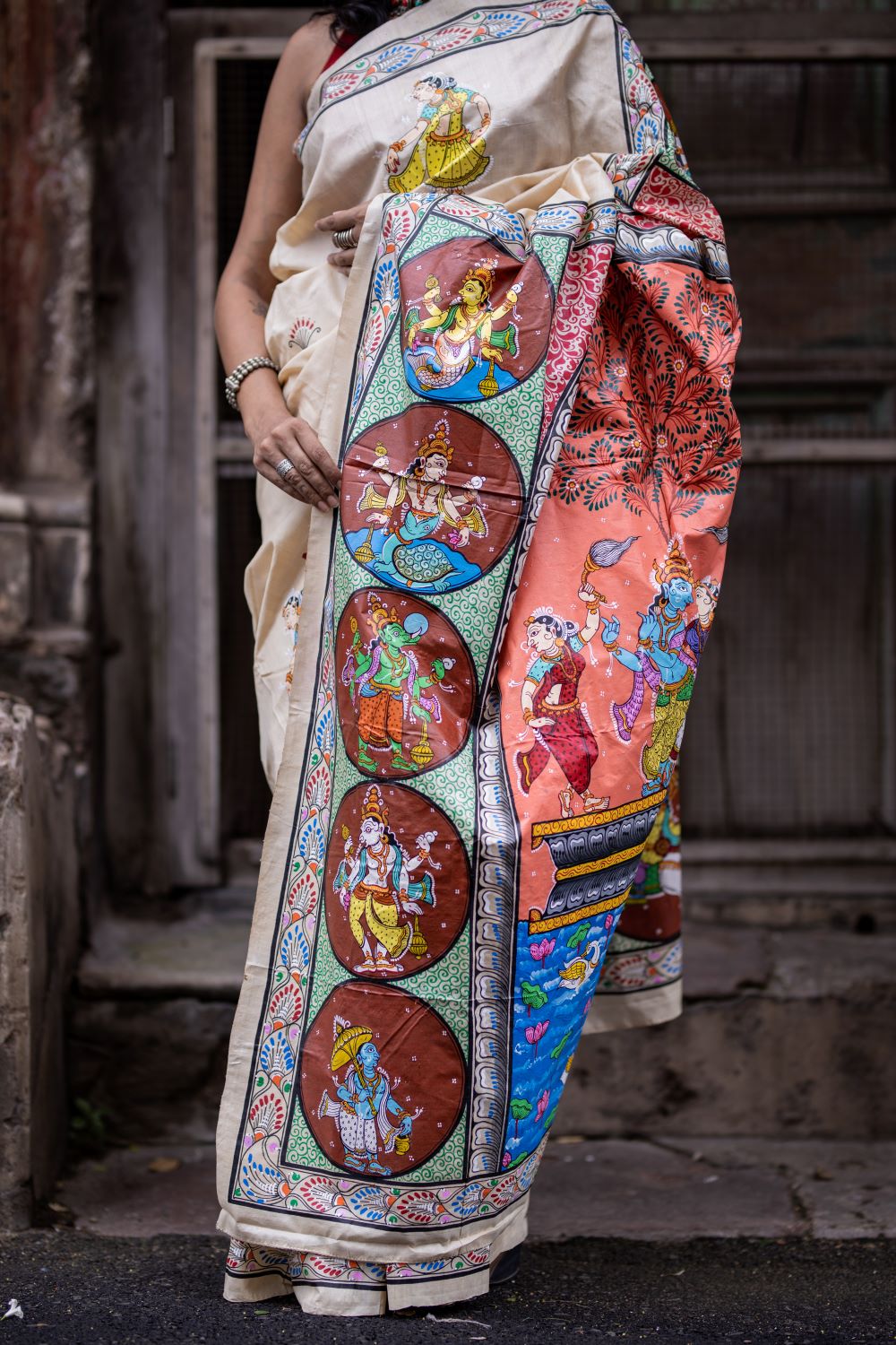 Hand painted Designer Patachitra saree - Vishnu Dashavtaar in desi tassar silk