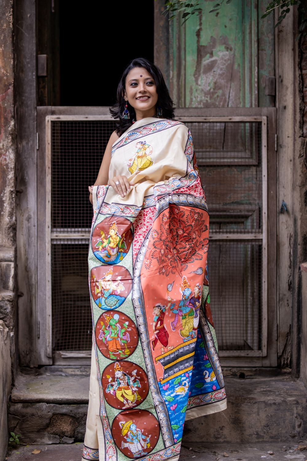 Hand painted Designer Patachitra saree - Vishnu Dashavtaar in desi tassar silk