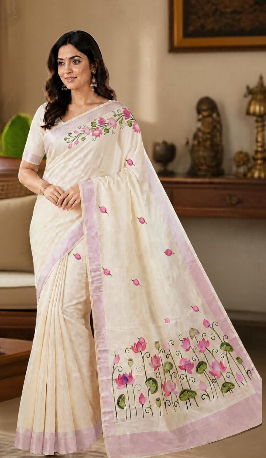 Kerala Cotton Saree Mauve Lotuses