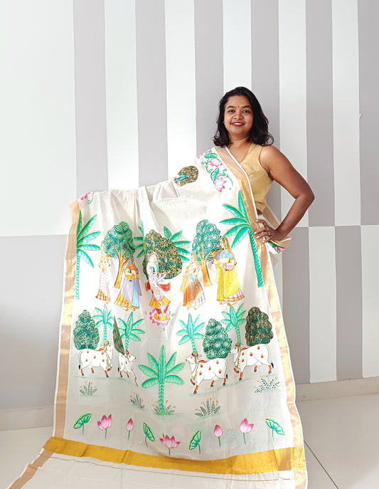 Hand-painted Pichwai Shrinathji Kerala Cotton Designer Saree