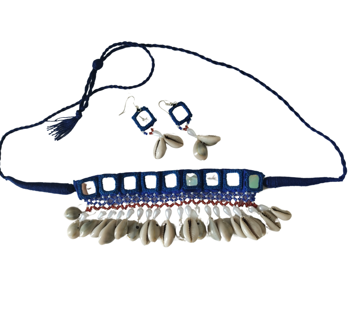 Advaita Handicrafts- Blue Fabric Choker Navratri Necklace Set with Mirror & Shell Work.