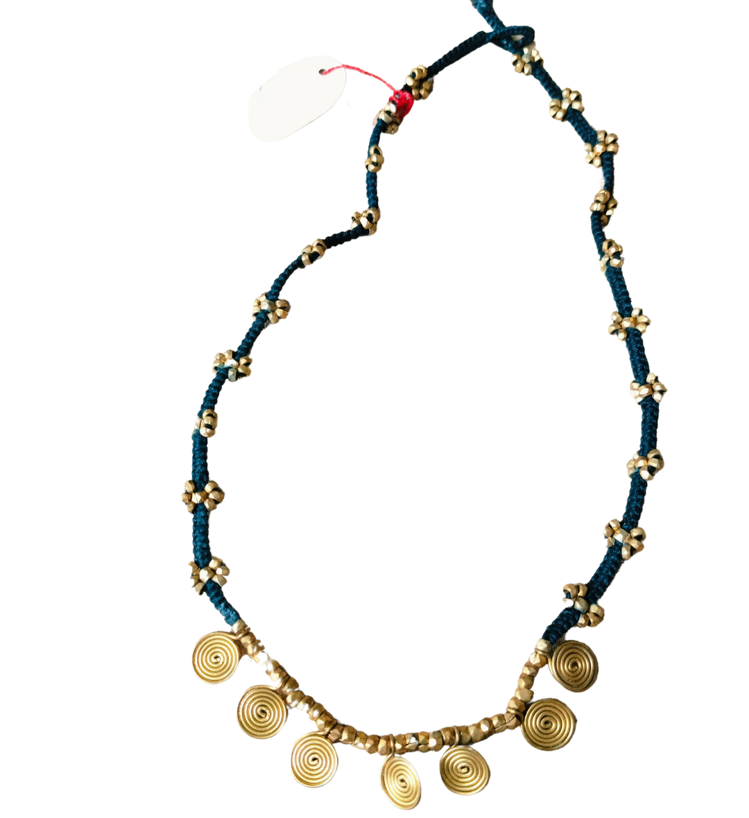 Blue Thread with Brass Dhokra Coin and Beads Necklace