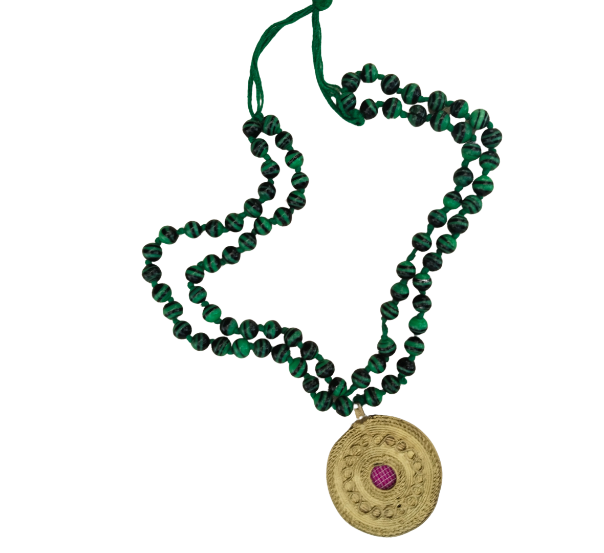 Advaita Handicrafts Ethnic Collection - Green Beads with Brass Dhokra Golden Pendent Necklace.