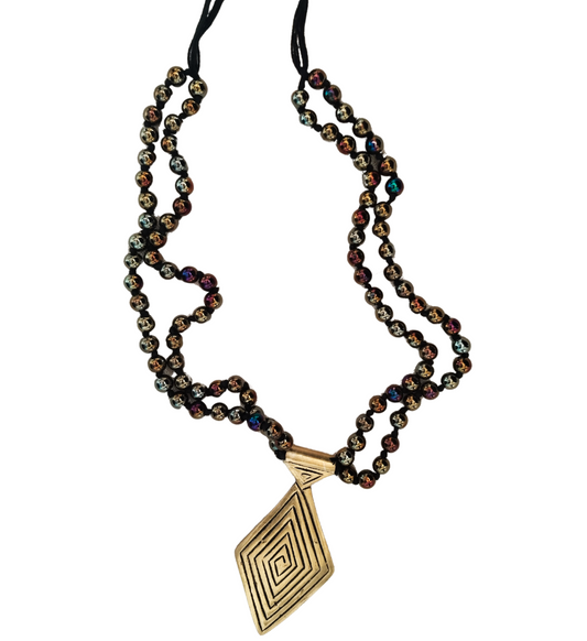 Advaita Handicrafts Ethnic Collection - Golden Brass Dhokra with Black Beads -Diamond Shaped Pendant.