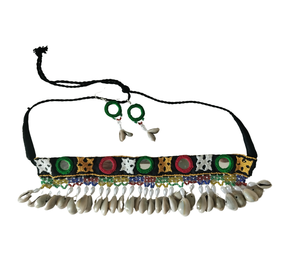 Advaita Handicrafts- Multi-Color Navratri Fabric Choker with Mirror & Shell Accents and Earrings.