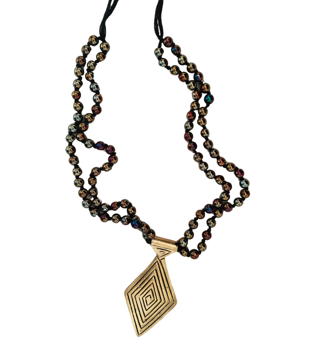 Advaita Handicrafts Ethnic Collection - Golden Brass Dhokra with Black Beads -Diamond Shaped Pendant.
