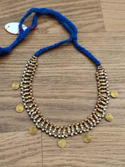 Advaita Handicrafts Ethnic Collection - Dhokra Brass Necklace with Blue Thread (Wheel of Life).