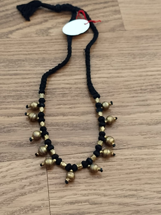 Advaita Handicrafts Ethnic Collection - Dhokra Brass Necklace with Black Thread and Beads