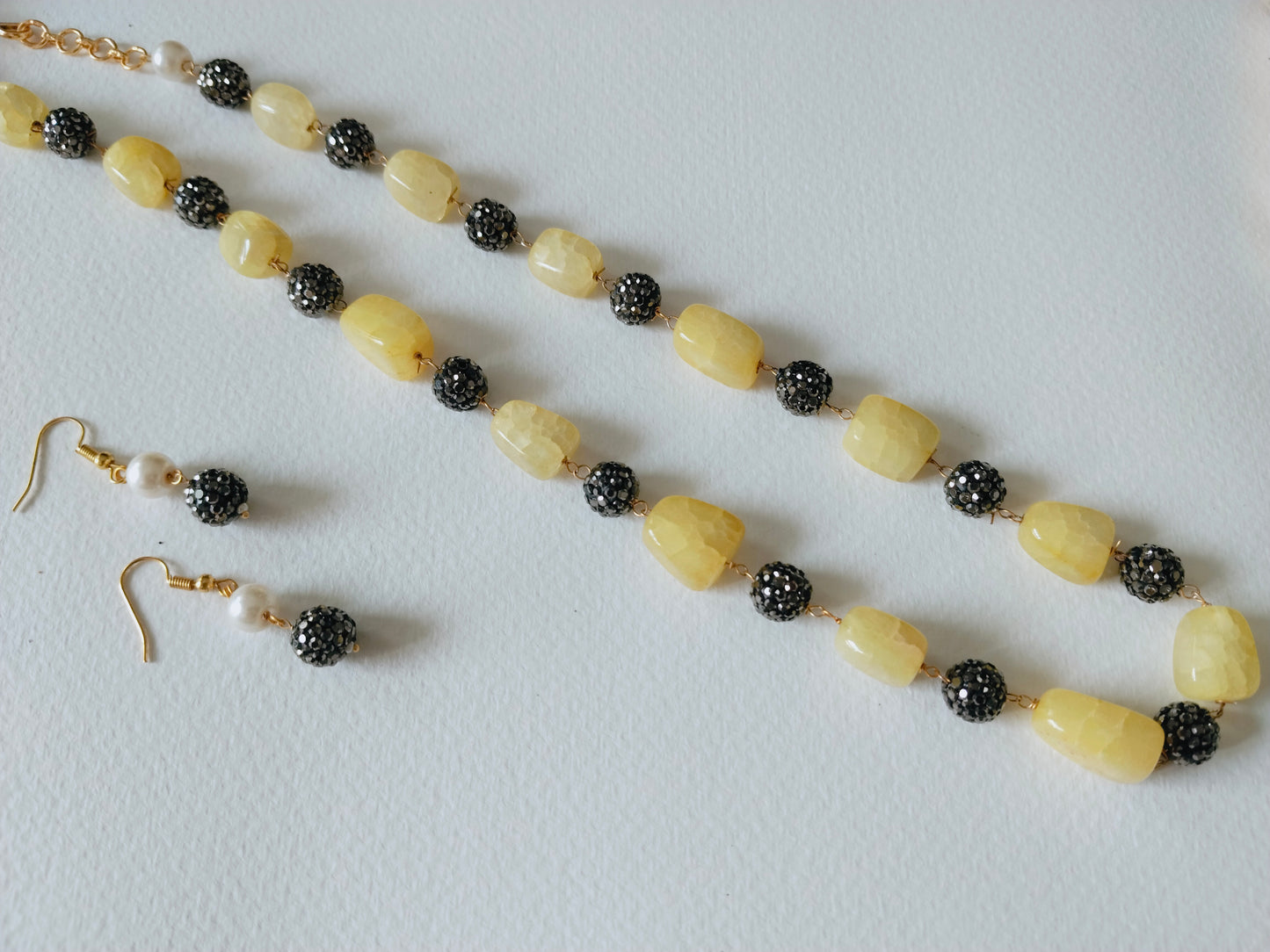 Stone Beads Necklace with Earrings - Light Yellow