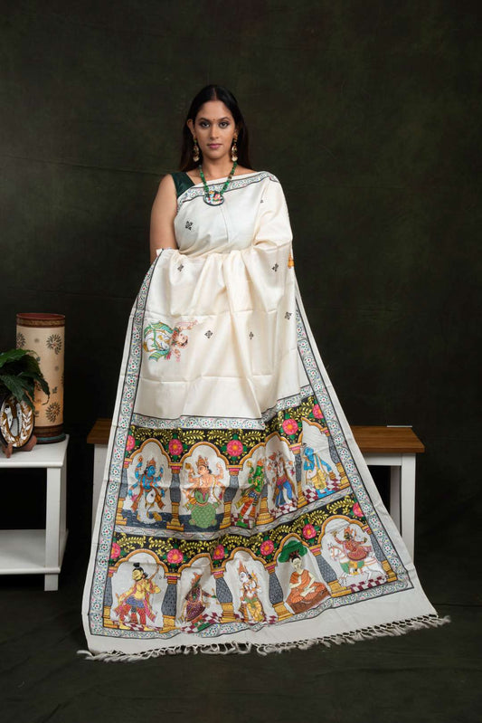 Hand painted Designer Patachitra saree - Vishnu Dashavtaar in desi tassar silk.