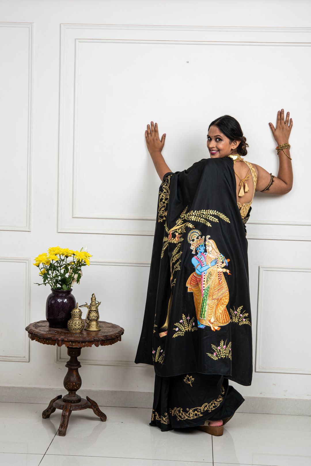 Hand-painted Radha Krishna in spring - Pichwai saree.