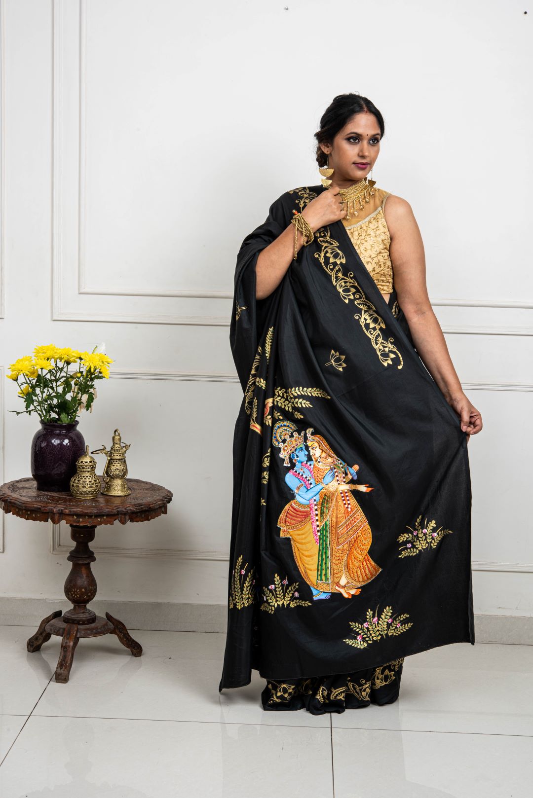 Hand-painted Radha Krishna in spring - Pichwai saree.