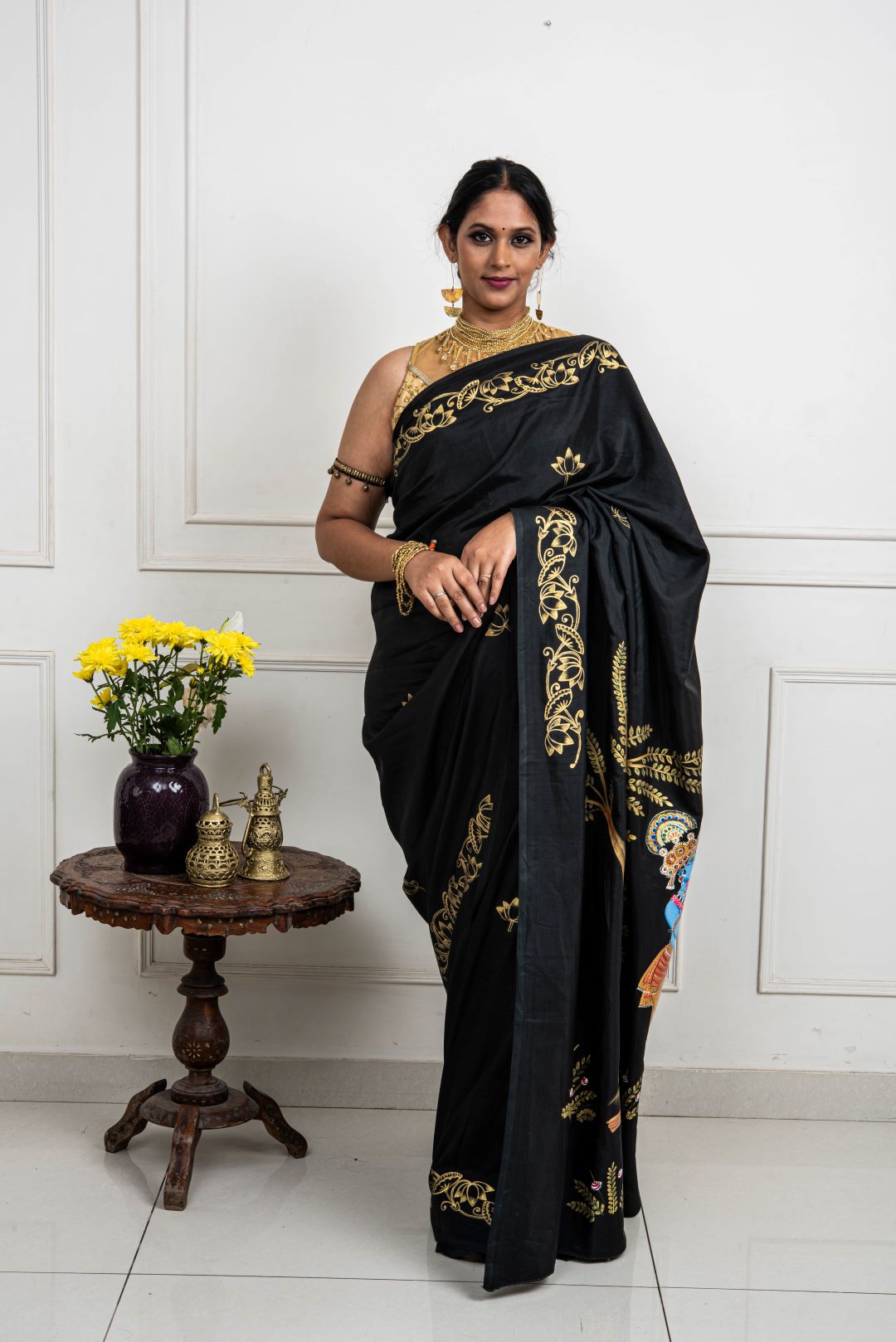 Hand-painted Radha Krishna in spring - Pichwai saree.