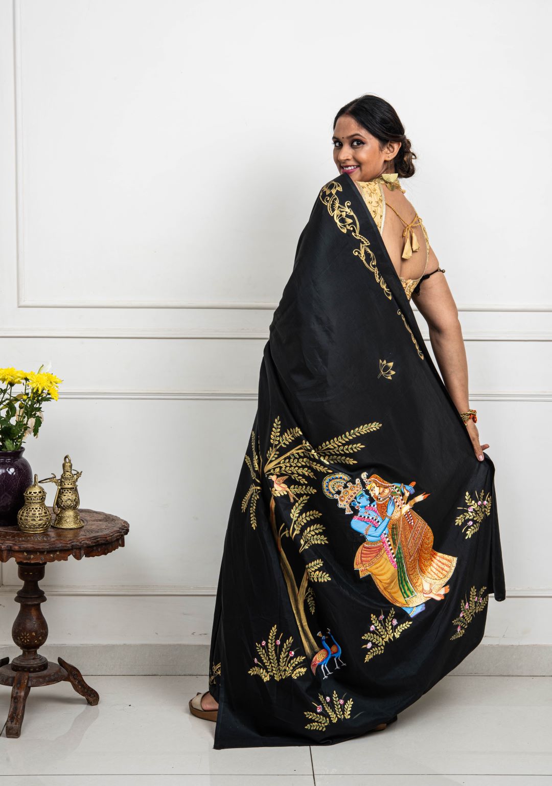 Hand-painted Radha Krishna in spring - Pichwai saree.