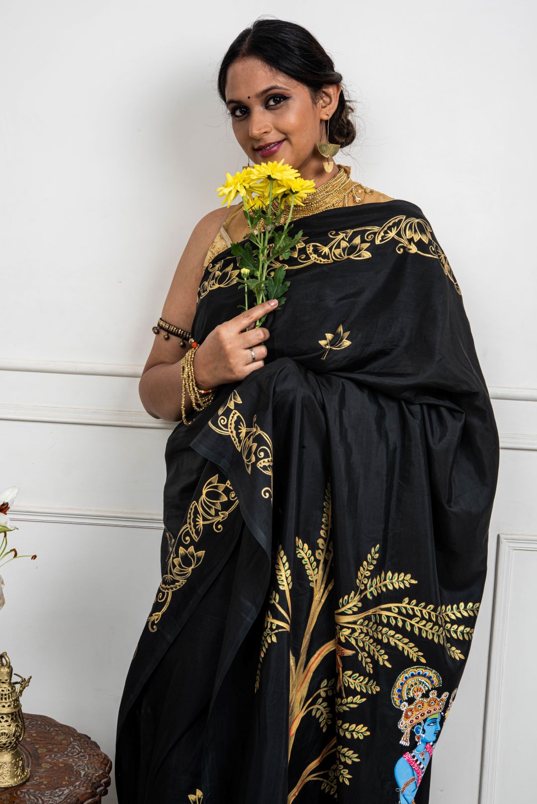 Hand-painted Radha Krishna in spring - Pichwai saree.