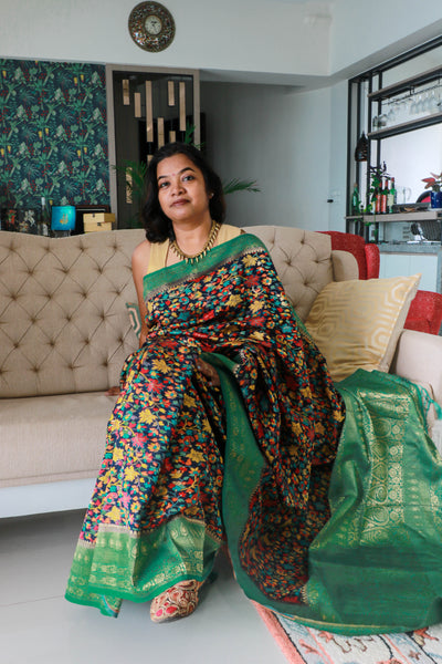 Advaita Handicrafts Designer Kani silk saree - Grey & Zari work/ Midnight Blue/ Cream