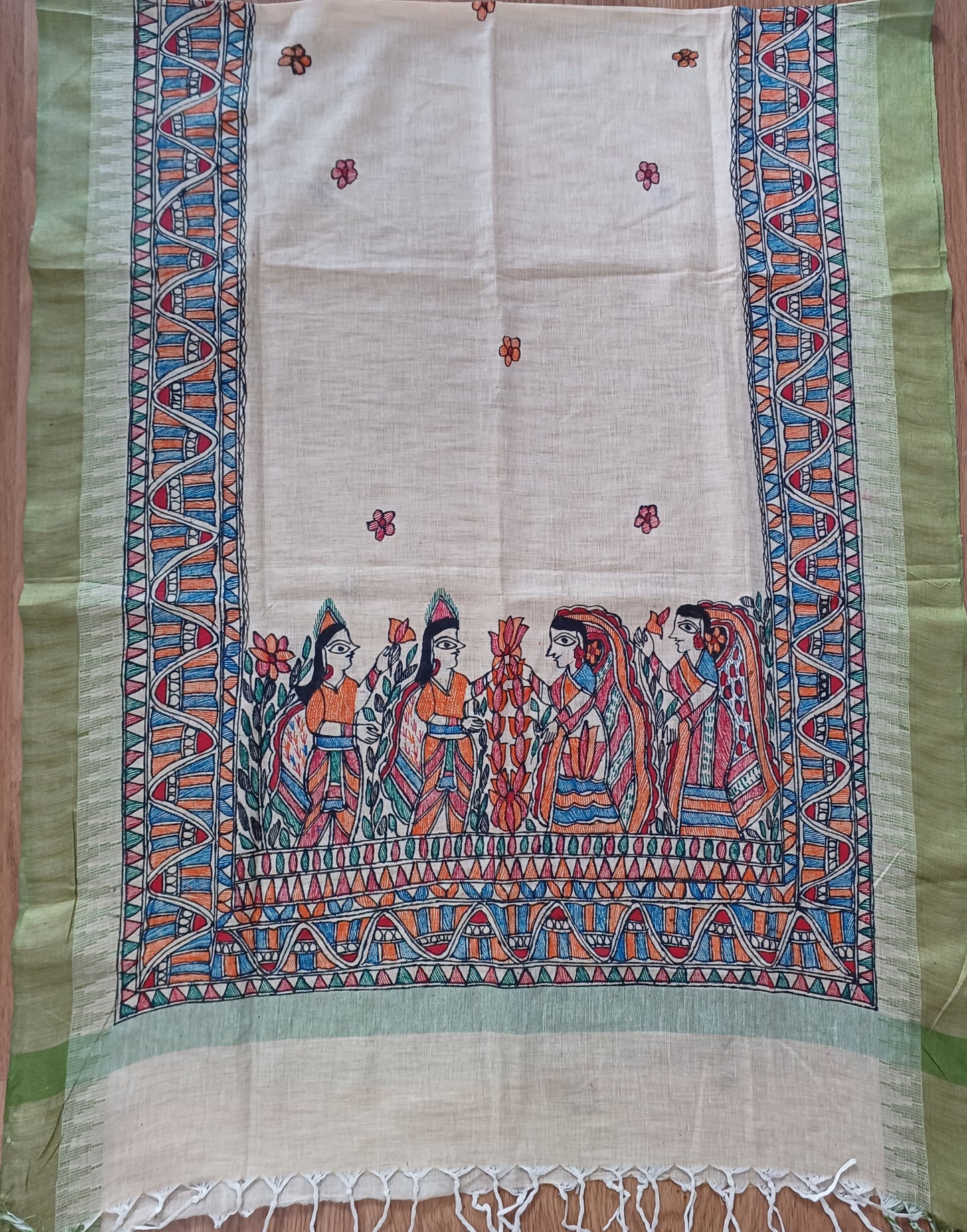 Advaita Handicrafts Handpainted Patachitra dupatta cum stole/shawl - Dancing Girls and Shringar raas