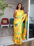 Handpainted Sharad Ritu Radha Krishna Pichwai saree in pure tassar - Yellow/Peach