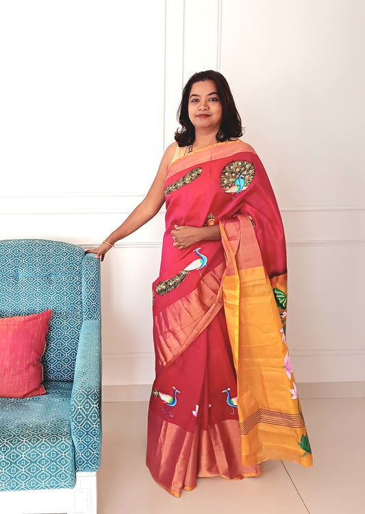 Pichwai Peacock Pink Silk Saree with hand-embroidery