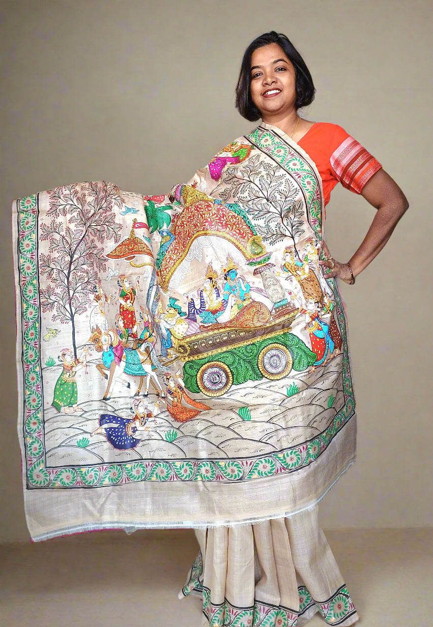 Pure Handwoven hand-painted tassar silk Patachitra Saree – Krishna Mathura Gaman